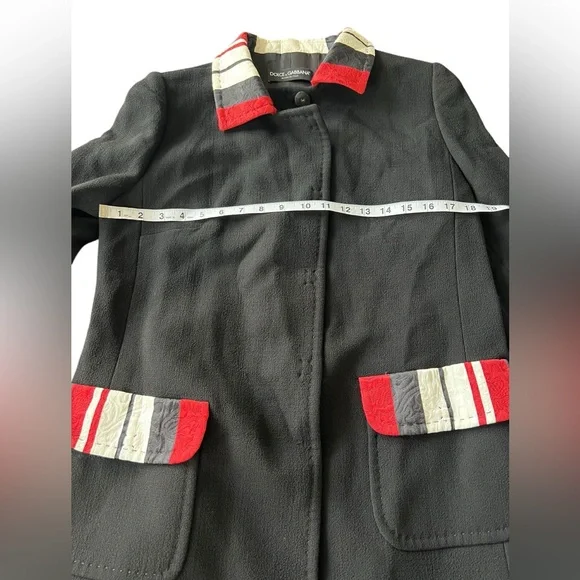 Dolce & Gabbana Black Wool Crepe Contrast Trim Detail Button Front Coat Size 46 - Picture 5 of 16